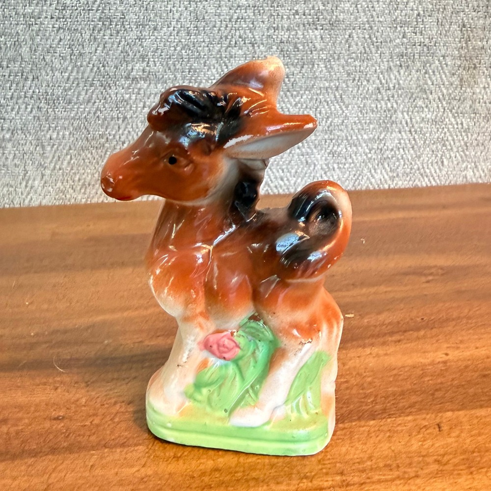 Vintage Kitschy Mid Century Ceramic Donkey Figurine Brown with Rose‎ Japan RARE